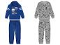 Ensemble survêtements enfant : sweat à capuche bleu avec motif raton laveur et jogging gris à imprimés animaux.