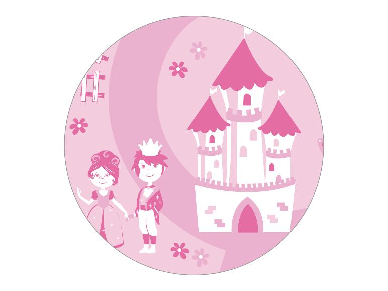 Image circulaire rose d'une princesse, d'un prince et d'un château avec des fleurs.