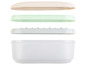Une boîte en plastique avec des couvercles en beige, vert menthe et blanc.
