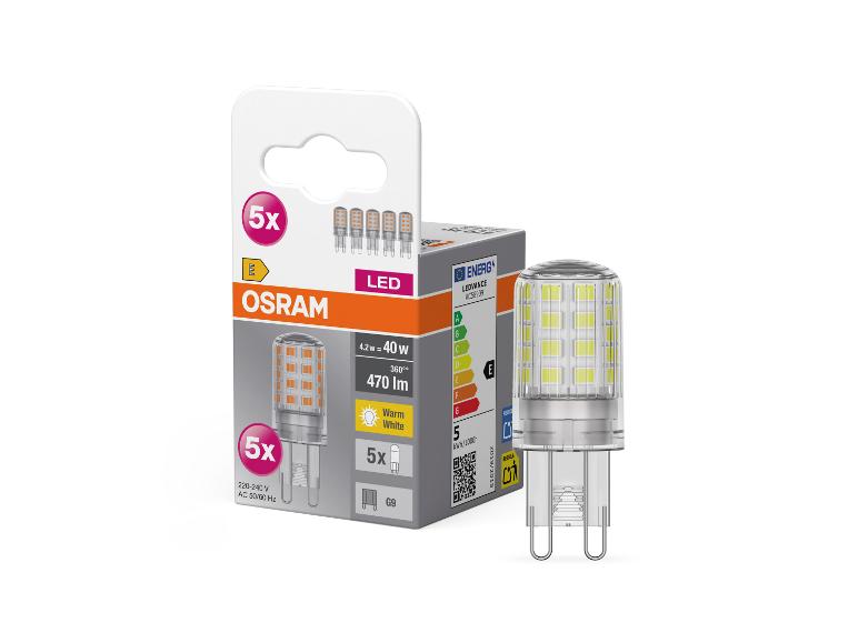 Cinq ampoules LED en emballage avec 4,2 W, 470 lm, lumière blanc chaud et culot G9.