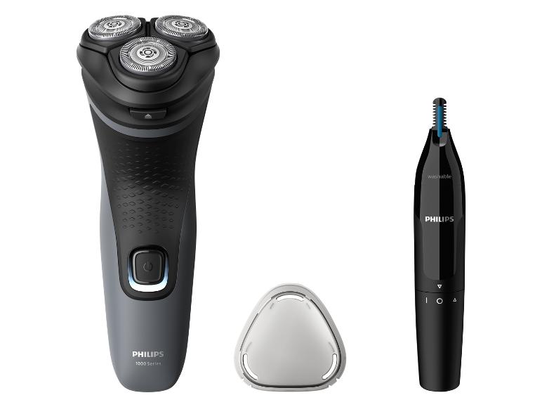 Rasoir électrique Philips et tondeuse nez sur fond blanc.