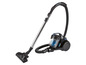 Un aspirateur noir avec un tube télescopique et un bac à poussière transparent.