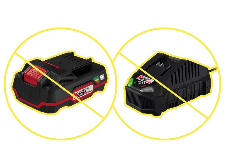 Deux batteries et chargeurs noirs et rouges avec un X jaune.