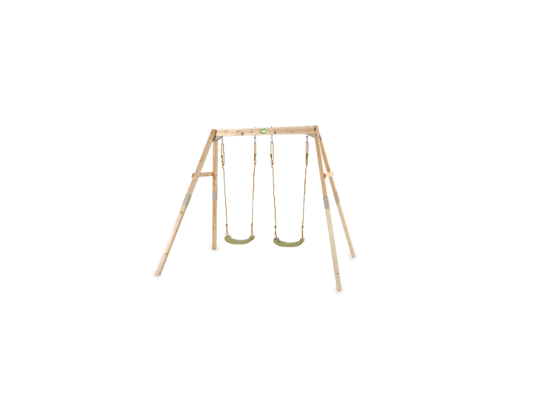 Portique en bois avec deux sièges verts sur fond blanc.