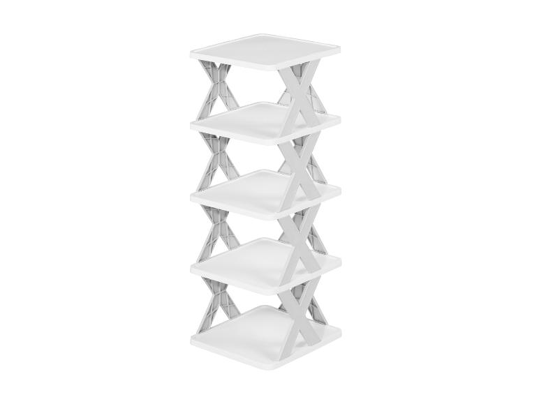 Étagère à chaussures en plastique blanc à cinq niveaux avec supports en X