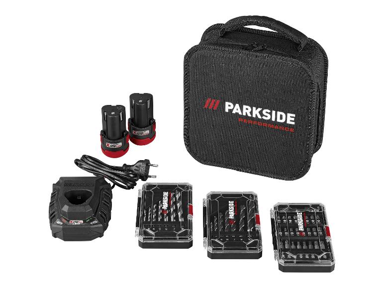 Ensemble Parkside Performance avec perceuse, batteries, chargeur et jeux d'embouts dans un sac.