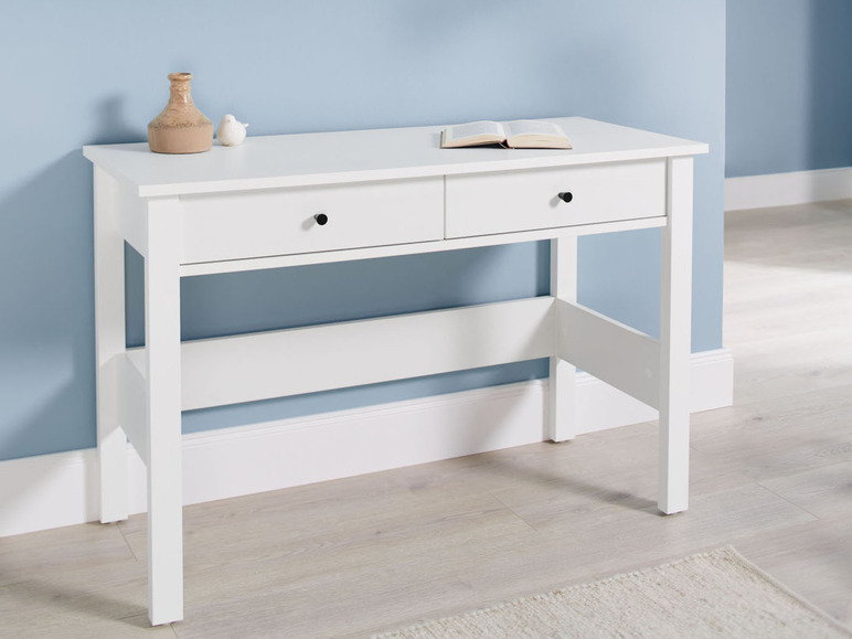 Un bureau blanc avec deux tiroirs.