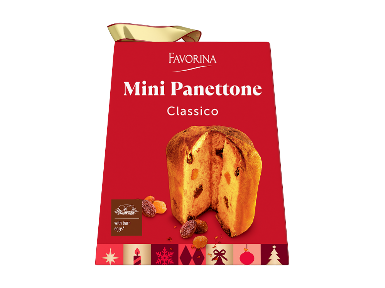 Mini Panettone Classico aux raisins secs et fruits confits, dans une boîte rouge avec un ruban doré.
