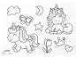 Page de coloriage avec deux licornes, un papillon, un nuage, une lune, une étoile, des tulipes, une couronne et un cœur.