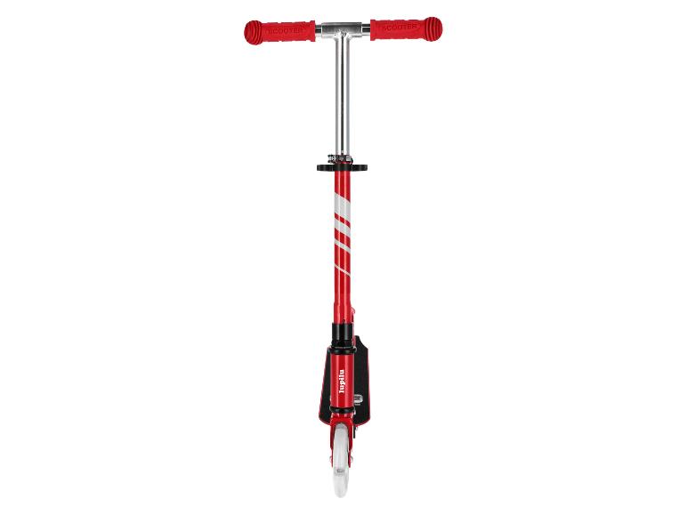 Trottinette rouge pliable Lupilu avec guidon réglable et roues transparentes.