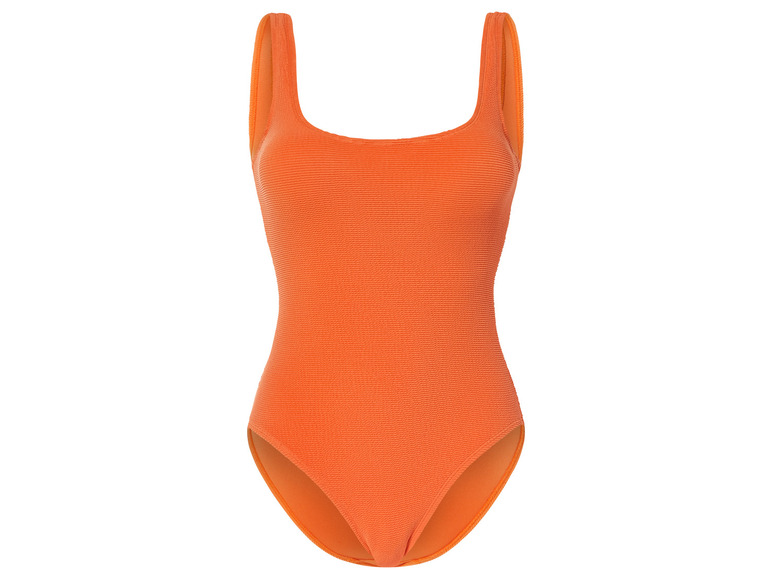 Un maillot de bain orange une pièce avec un décolleté rond.