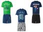 Trois ensembles de pyjamas courts pour garçons sur le thème des jeux : vert avec une maison, bleu avec des personnages et bleu avec Mario.