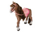 Un cheval en plastique marron avec une selle et des rênes roses.