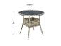 Table de jardin ronde en rotin avec plateau en verre, 73 cm de haut et 80 cm de diamètre.