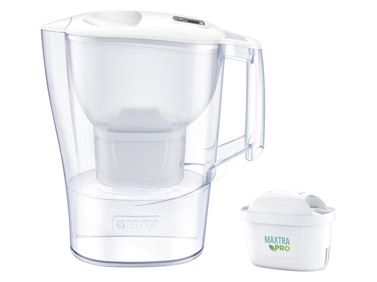 Une carafe filtrante à eau Brita avec une cartouche filtrante Maxra Pro.