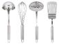 Ensemble d'ustensiles de cuisine en acier inoxydable: louche, fouet, écumoire et spatule.