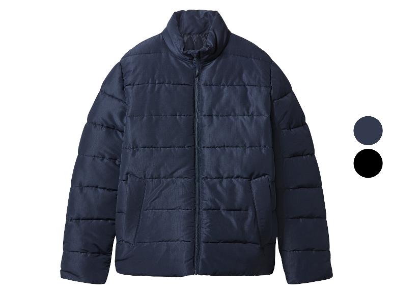 Doudoune bleu marine avec fermeture éclair et col montant, avec options de couleur.