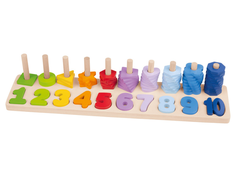 Jouets en bois avec des anneaux colorés à empiler et des chiffres de 1 à 10.