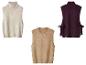 Trois gilets tricotés: beige col roulé, marron torsadé, violet avec liens latéraux.