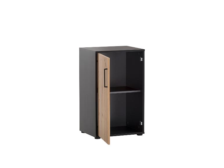 Meuble noir avec porte en bois et étagère