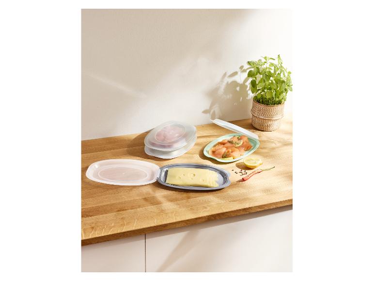 Barquettes en plastique avec fromage, saumon et viande, avec une plante en pot en arrière-plan.