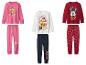 Trois ensembles de pyjamas pour enfants : rose Pat' Patrouille, blanc Princesse Belle et rouge Mickey Mouse.