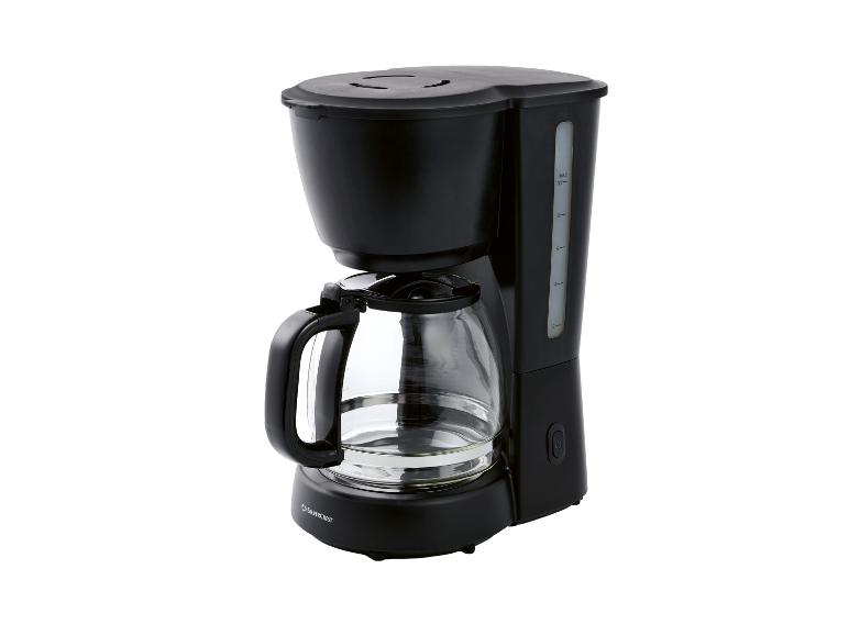 Cafetière filtre noire avec verseuse en verre et indicateur de niveau d'eau.