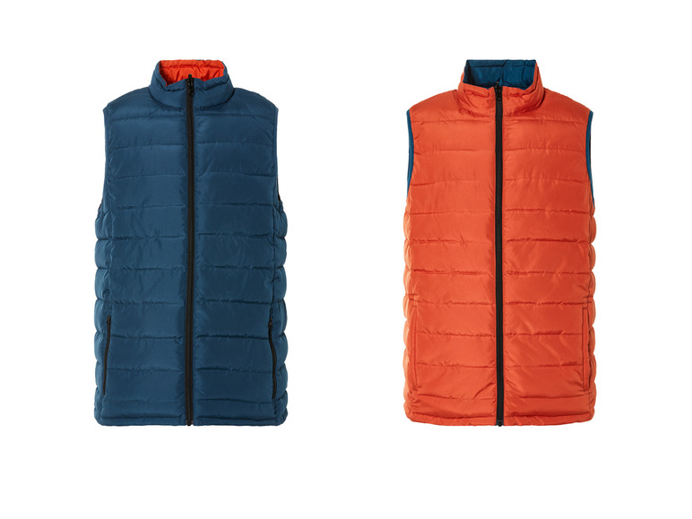 Deux gilets matelassés, l'un bleu et l'autre orange.