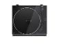 Platine vinyle noire avec couvercle transparent, vue de dessus.