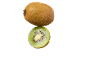 Un kiwi entier et un demi-kiwi coupé, montrant la chair verte et les graines noires.