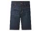 Short en jean bleu foncé avec surpiqûres oranges et détails métalliques.