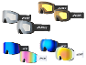 Masques de ski de différentes couleurs et verres, avec des sangles noires et blanches.