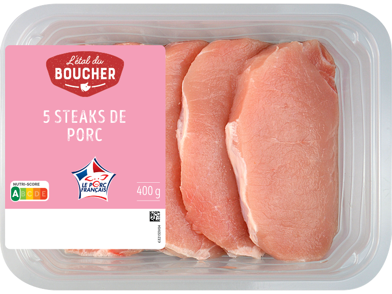Paquet de 5 steaks de porc, 400g, avec Nutri-Score A et label porc français.