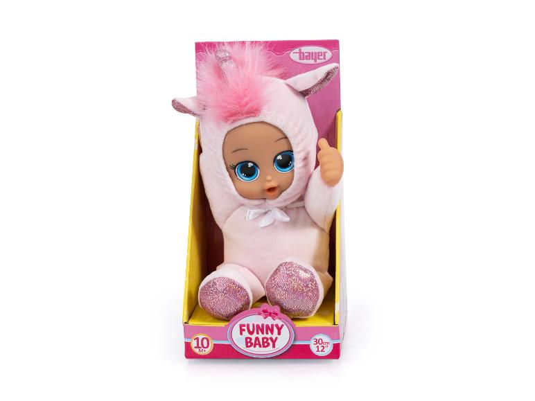 Poupée licorne Bayer Funny Baby dans une boîte rose et jaune, 30 cm de haut, pour les 10 mois et plus