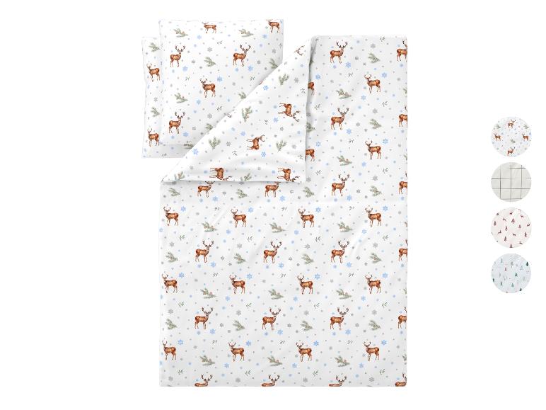 Parure de lit blanche avec motif de cerfs, flocons de neige et branches de pin