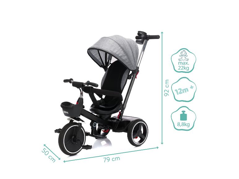 Tricycle Fillikid avec capote, dimensions et informations de poids.