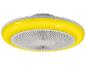 Ventilateur de plafond jaune et blanc avec lumière intégrée, vu d'en bas.