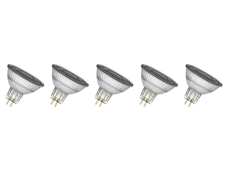 Cinq ampoules halogènes MR16 avec culot GU5.3, disposées en diagonale sur fond blanc.