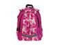 Sac à dos rose avec motif floral et détails noirs.