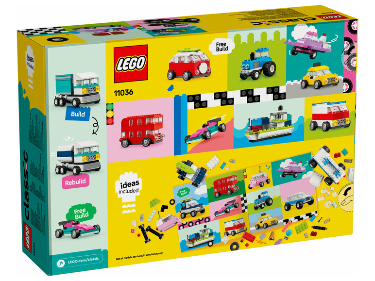 Boîte LEGO Classic avec des idées de construction de voitures, de bus et de bateaux.