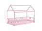 Un lit enfant en bois rose avec un design en forme de maison.