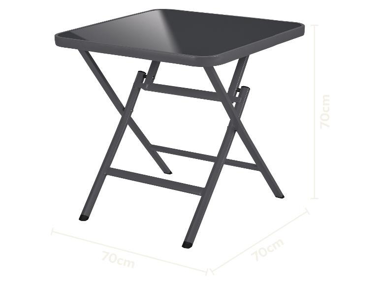 Table pliante carrée grise avec plateau en verre, mesurant 70x70x70 cm.