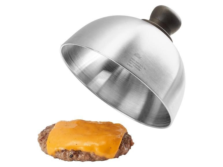 Cloche de cuisson métallique pour faire fondre le fromage sur un burger avec l'inscription « GRILL MEISTER »