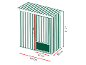 Abri de jardin vert mesurant 164 cm (largeur) x 98 cm (profondeur) x 181 cm (hauteur).