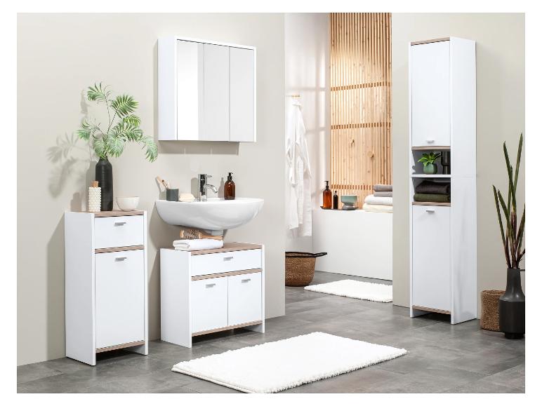 Meubles de salle de bain modernes blancs avec des accents en bois.