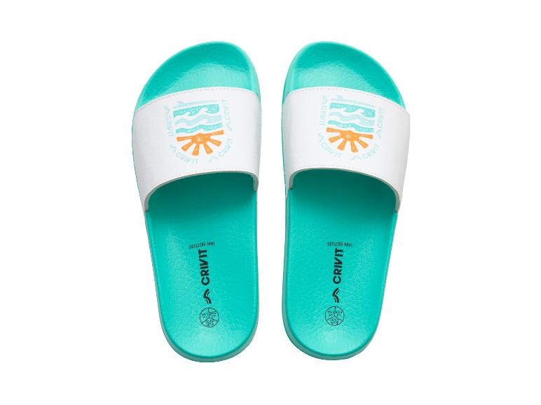 Claquettes turquoise et blanches avec motif vagues et soleil, taille EUR 36/37.