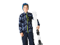Garçon en veste de ski, pantalon, bonnet et lunettes, tenant des skis.