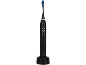 Brosse à dents électrique noire avec des poils bleus et blancs, sur une base de chargement.