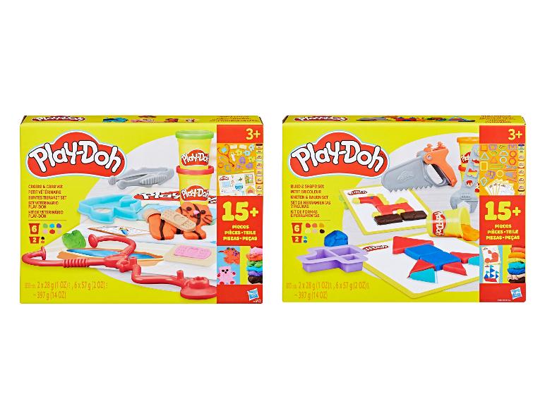 Deux ensembles Play-Doh : un kit vétérinaire avec des figurines d'animaux et un ensemble de construction avec des outils.