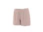 Shorts femme rose clair avec taille élastique et ourlet volanté.